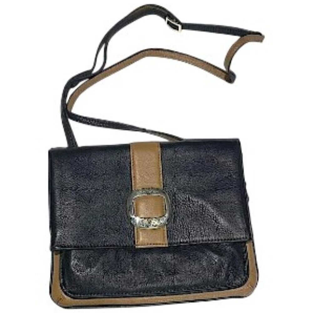 Brighton Two Tone Black Leather/Taupe Trim Crossbody/Envelope Bag